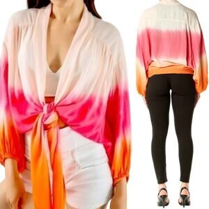Young Fabulous & Broke Tie Front Top Ombré Dip Dye Pattern Pink Orange Womens L
